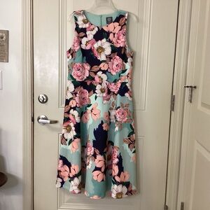 Vince Camuto Turquoise, Black and Pink Floral Sleeveless Dress SZ 14 $159